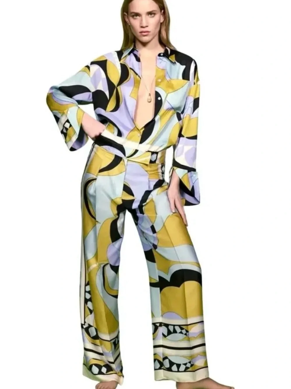 Zara Yellow Lavender and Black Abstract Wide-Leg Pants | XS